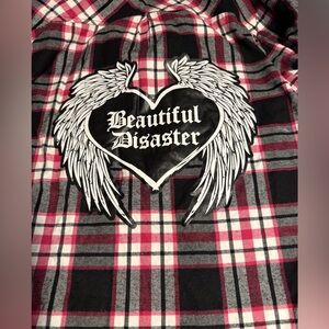 Beautiful Disaster Pink Black Plaid Hooded Flannel Wing Heart Graphic